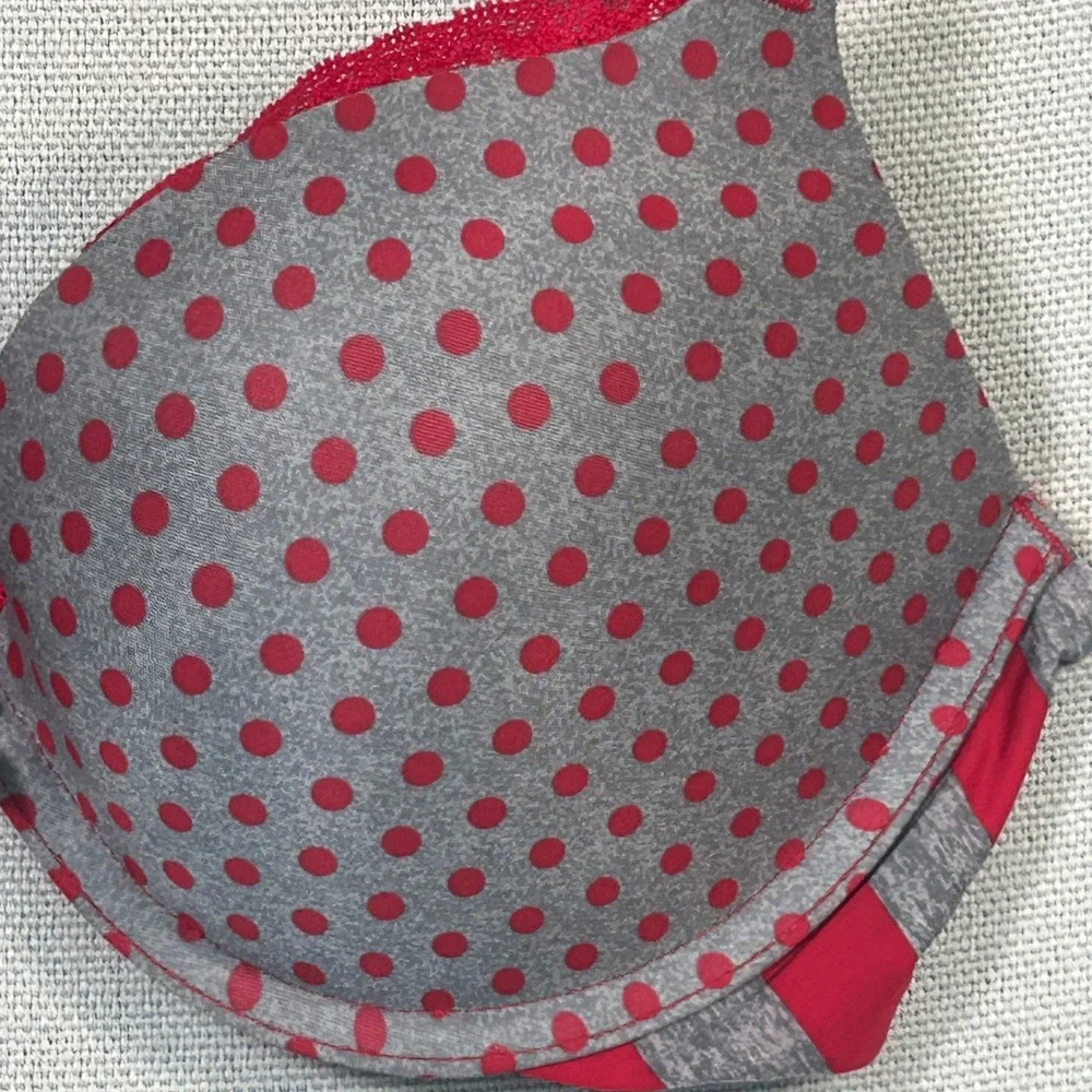 Victorias Secret Push-Up Bra 34C Gray Red Polka Dot Lace Trim Underwire Padded